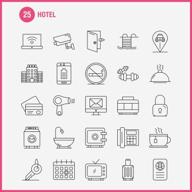 Hotel çizgi Icons Set için Infographics, mobil Ux/UI Kit ve baskı tasarımı. Şunlardır:, Kontrol, kontrol dışarı kapı, otel, cep, cep, Icon Set - vektör