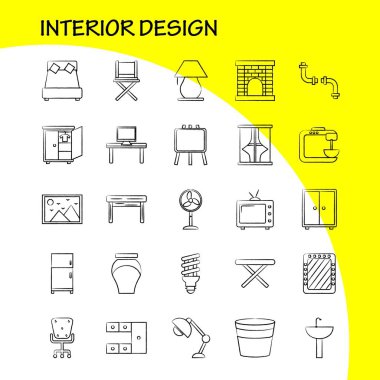 İç tasarım el çekilmiş Icons Set için Infographics, mobil Ux/UI Kit ve baskı tasarımı. Şunları içerir: Demir, elektronik, beyaz eşya, elektronik öğeler, banyo küveti, Eps 10 - vektör