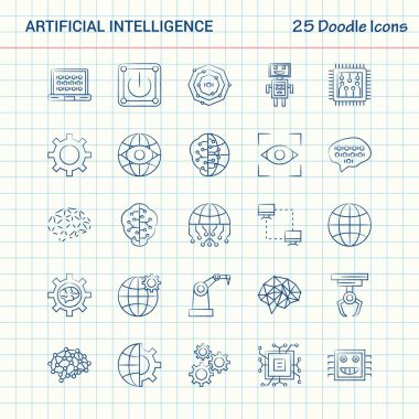 Yapay zeka 25 Doodle simgeler. Elle çizilmiş iş Icon set