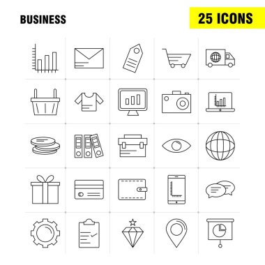 Web, baskı ve mobil Ux/UI için iş hattı simge seti. Gibi: Dünya, Hediyelik, teslimat, taşıma, Hediyelik, kutusu, teslim, kamera, piktogram paketi. -Vektör