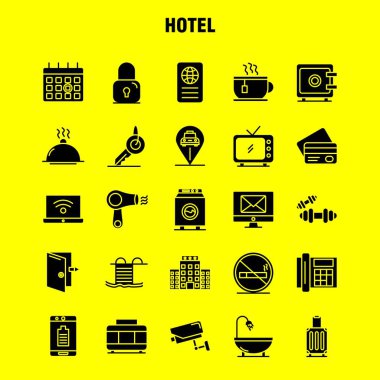 Hotel katı glif Icons Set için Infographics, mobil Ux/UI Kit ve baskı tasarımı. Şunlardır:, Kontrol, kontrol dışarı kapı, otel, cep, cep, Icon Set - vektör
