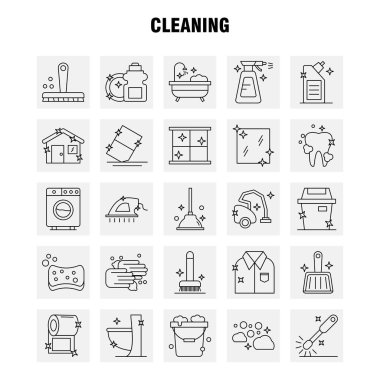 Satır simgeleri temizleme ayarlamak için Infographics, mobil Ux/UI Kit ve baskı tasarımı. Şunları içerir: fırça, fırça, temiz, bodur, dalgıç, tuvalet, tuvalet, aracı, Icon Set - vektör