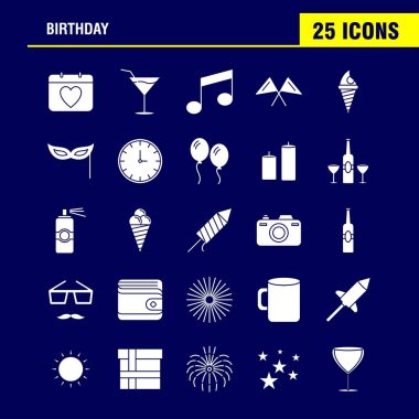 Web, baskı ve mobil Ux/UI için doğum günü katı glif simge seti. Gibi: Takvim, gün, Tarih, aşk, cam, içki, şarap, buğday, piktogram paketi. -Vektör