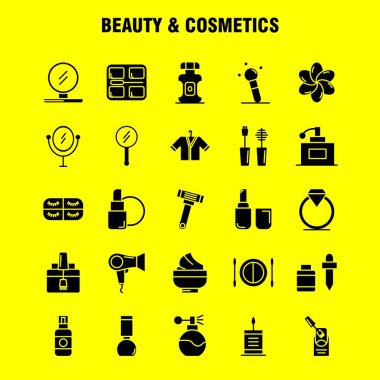 Güzellik ve kozmetik katı glif simgeleri ayarlamak için Infographics, mobil Ux/UI Kit ve baskı tasarımı. Şunları içerir: Yüz, Vakfı, sıvı, makyaj, güzellik, fırça, makyaj, güzellik, Icon Set - vektör