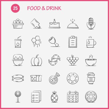 Yiyecek ve içecek elle çizilmiş simgeler ayarlamak için Infographics, mobil Ux/UI Kit ve baskı tasarımı. Şunları içerir: Kahvaltı, kruvasan, gıda, gıda, Hood, mutfak, yemek, sıcak Icon Set - vektör