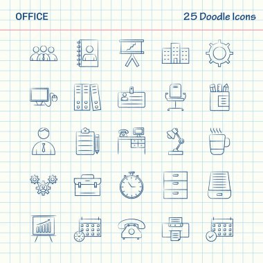 Office 25 Doodle simgeler. Elle çizilmiş iş Icon set