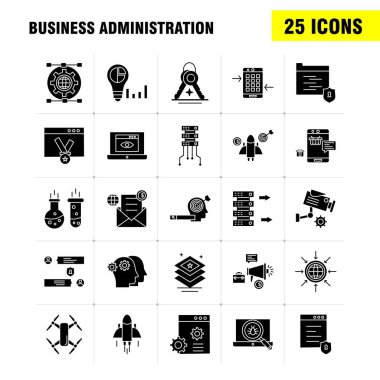 İş yönetim katı glif Icons Set için Infographics, mobil Ux/UI Kit ve baskı tasarımı. Şunları içerir: Grafik, Doları, iş, para, dişli, ayar, kalem, yazma, Eps 10 - vektör