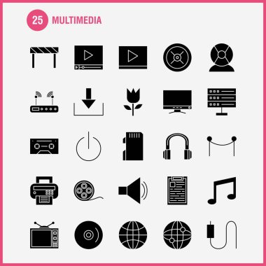 Web, baskı ve mobil Ux/UI için Multimedya katı glif simge seti. Gibi: Off, Tarih, güç, başlangıç, geçiş, çiçek, çiçek, botanik, piktogram paketi. -Vektör