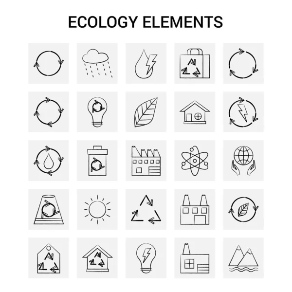 Elementos Ecología Dibujados Mano Conjunto Iconos Fondo Gris Vector Doodle — Vector de stock