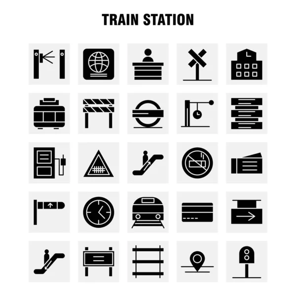 Train Station Solid Glyph Icons Set Infographics Mobile Kit Print — Stock Vector