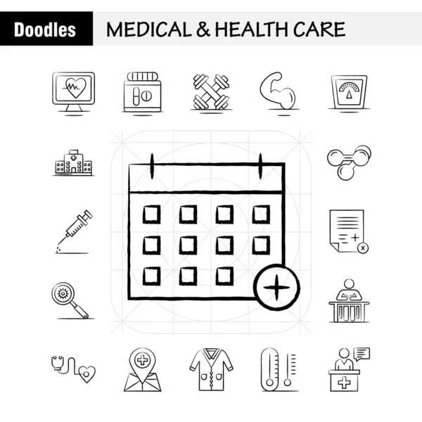 医療と健康管理は Web の描画したアイコンを手キット モニター ハート ビート タブレット ピクトグラムをパックします ベクトル — ストックベクタ