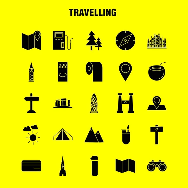 Travelling Solid Glyph Icons Set Infographics Mobile Kit Print Design — стоковый вектор