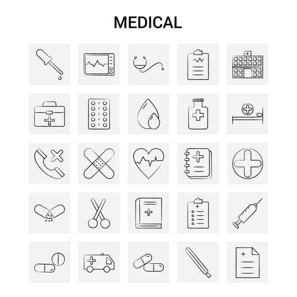Χέρι Που Ιατρικό Σύνολο Εικονιδίων Γκρι Φόντο Διάνυσμα Doodle — Διανυσματικό Αρχείο