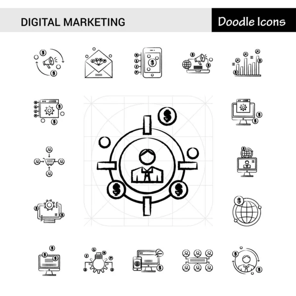 Conjunto Conjunto Ícones Desenhados Mão Marketing Digital — Vetor de Stock