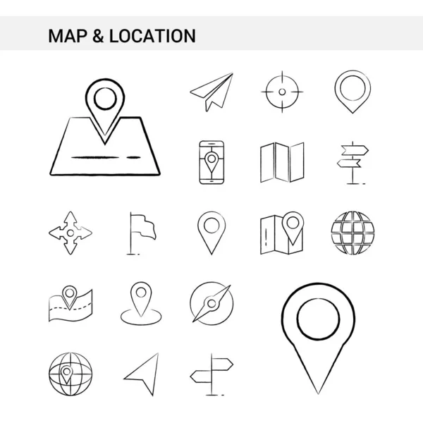 Mapa y ubicación dibujado a mano Estilo de conjunto de iconos, aislado en blanco ba — Vector de stock