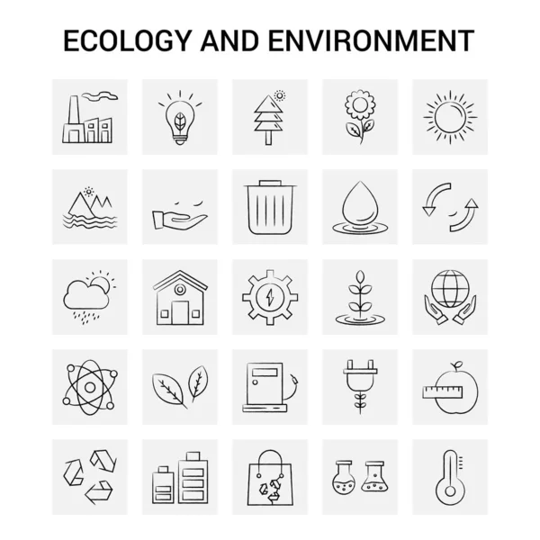 Conjunto Ícones Ecologia Ambiente Desenhados Mão Fundo Cinzento Vector Doodle — Vetor de Stock