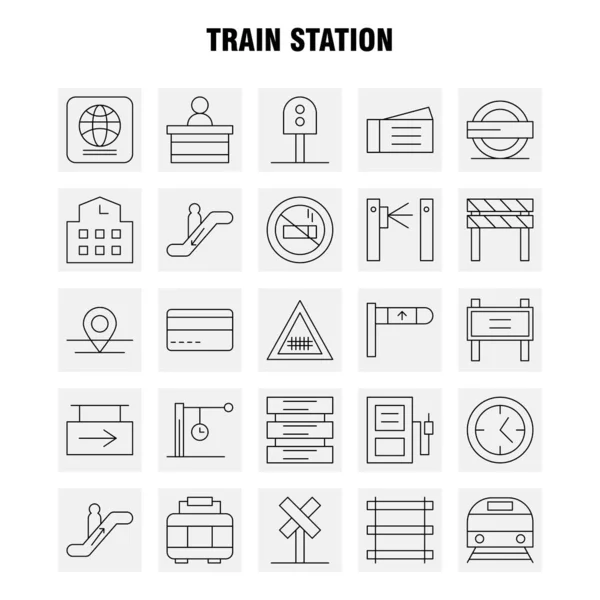 Trein Station lijn Icons Set voor Infographics, mobiele Ux/Ui Kit — Stockvector