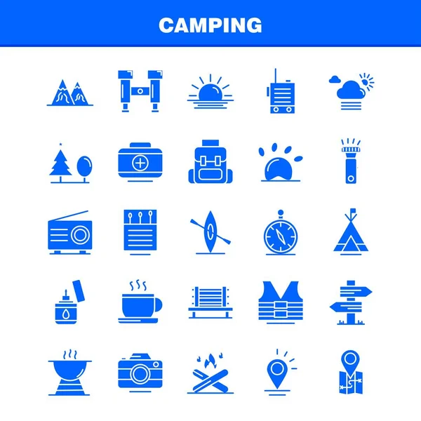 Camping Solid Glyph Icons Set Infographics Mobile Kit Print Design — стоковый вектор