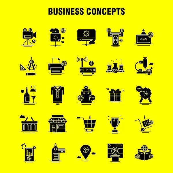 Business Concepts Solid Glyph Icons Set Infografica Mobile Kit Print — Vettoriale Stock