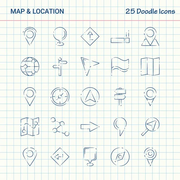 Mapa Localização Ícones Doodle Conjunto Ícones Negócios Desenhados Mão — Vetor de Stock