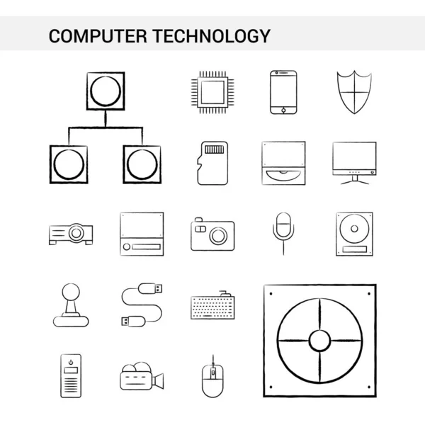 Computer Technology Dessiné Main Icône Ensemble Style Isolé Sur Fond — Image vectorielle