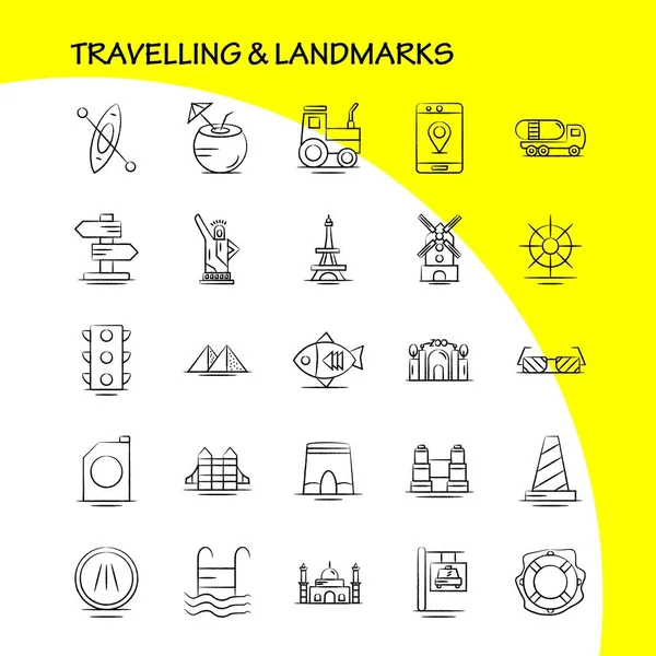 Ícone Desenhado Mão Viagens Marcos Para Web Impressão Móvel Kit —  Vetores de Stock
