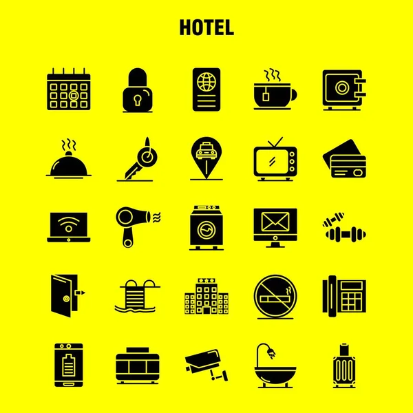 ホテル固体グリフ アイコン設定インフォ グラフィック モバイル キットと印刷のデザイン 以下のチェックイン チェック アウト ホテル 携帯電話 — ストックベクタ
