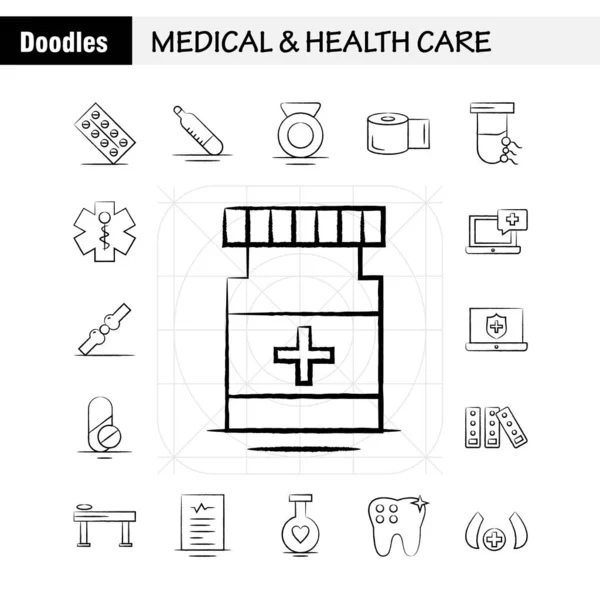 医療と健康管理は Web の描画したアイコンを手キット タブレット 医療機器 絵文字パック ベクトル — ストックベクタ