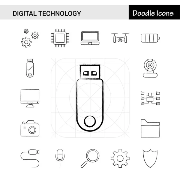 Sor Digitális Technológia Kézzel Rajzolt Icon Set — Stock Vector