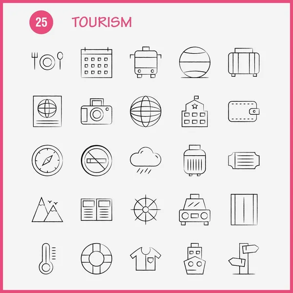 Toerisme Hand Drawn Icon Pack Voor Ontwerpers Ontwikkelaars Pictogrammen Van — Stockvector