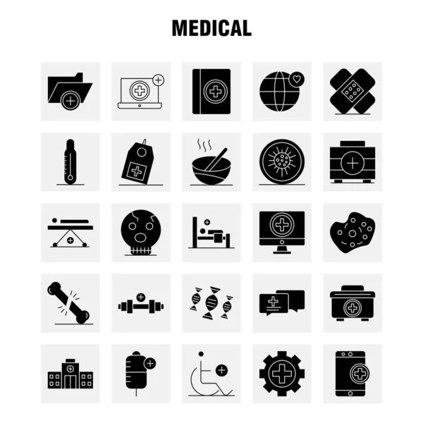 Iconos Médicos Del Glifo Sólido Fijados Para Las Infografías Equipo — Archivo Imágenes Vectoriales