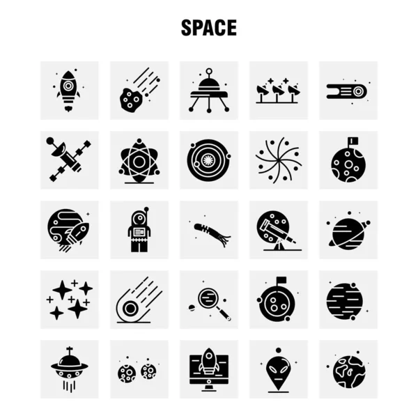 空间固体字形图标设置为信息图形 套件和打印设计 宇宙飞船 望远镜 图标集 — 图库矢量图片