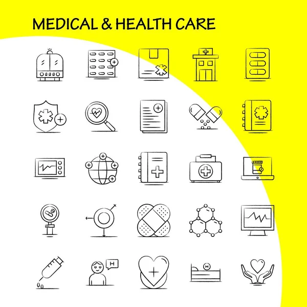 Medical Health Care Hand Drawn Icon Web Print Mobile Kit — Stock Vector