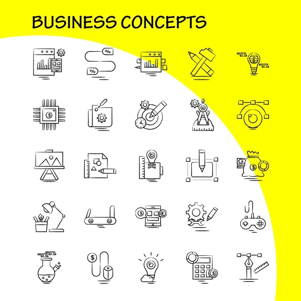 Business Concepts Hand Drawn Icons Set Infographics Mobile Kit Print — Stock Vector