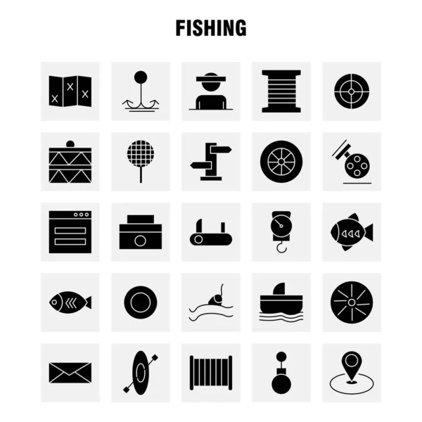 钓鱼固体字形图标包的设计师和开发商 车轮图标 钓鱼卷轴 — 图库矢量图片