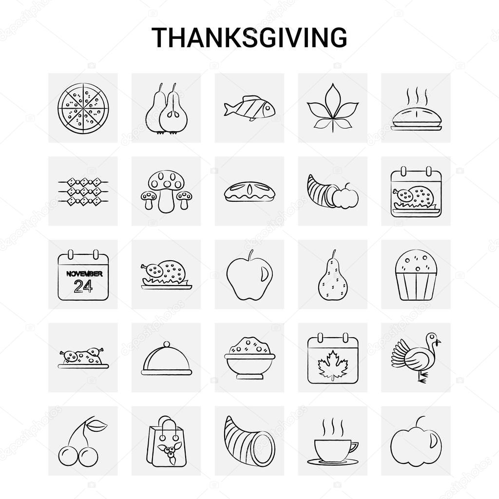25 Hand Drawn Thanksgiving  icon set. Gray Background Vector Doodle