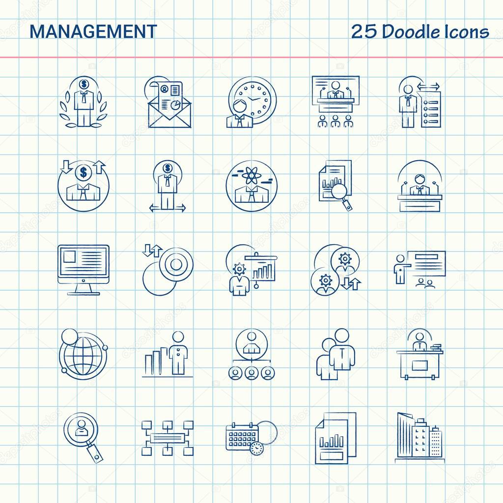 Management 25 Doodle Icons. Hand Drawn Business Icon set