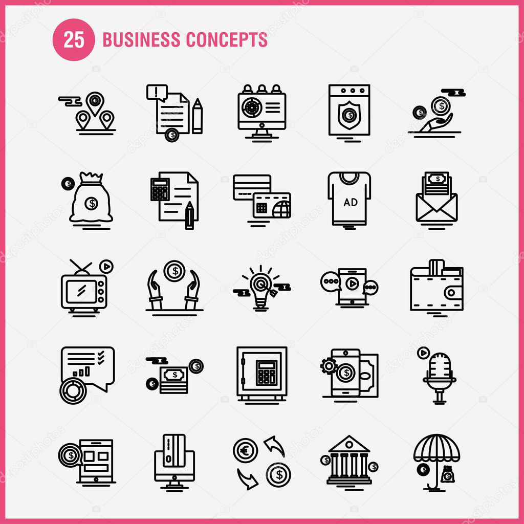 Business Concepts Line Icons Set For Infographics, Mobile UX/UI Kit And Print Design. Include: Document, File, Text, Text File, Idea, Bulb, Target, Collection Modern Infographic Logo and Pictogram. - Vector