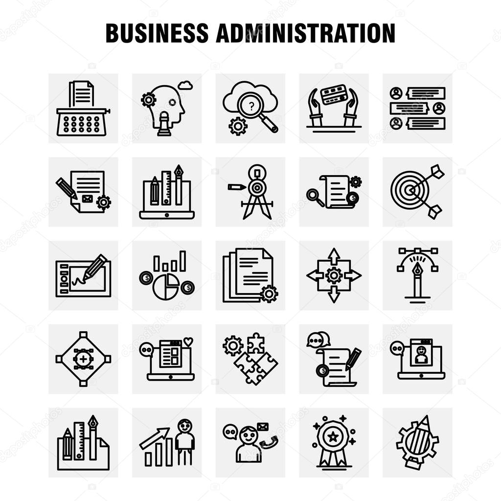 Business Administration Line Icons Set For Infographics, Mobile UX/UI Kit And Print Design. Include: Graph, Dollar, Business, Money, Gear, Setting, Pencil, Writing, Eps 10 - Vector