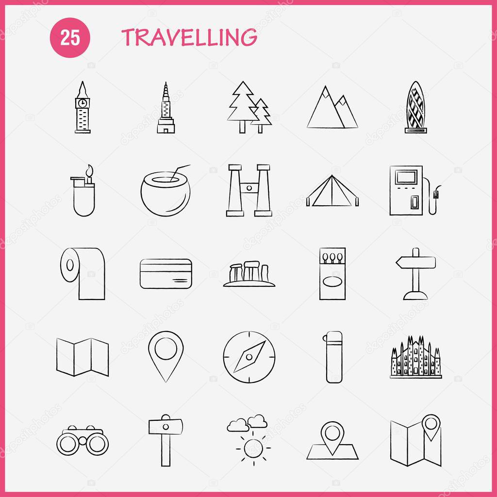 Travelling  Hand Drawn Icons Set For Infographics, Mobile UX/UI Kit And Print Design. Include: Direction Board, Board, Direction, Traffic Board, Dish, Food, Eps 10 - Vector