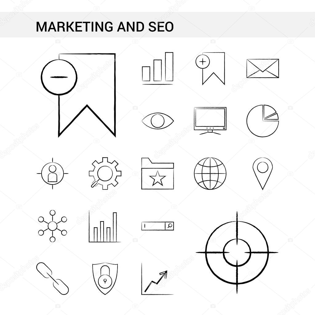 Marketing and SEO hand drawn Icon set style, isolated on white background. - Vector