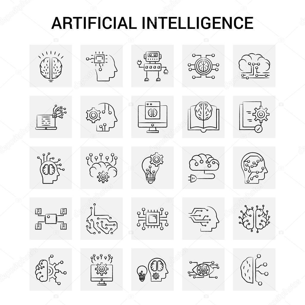 25 Hand Drawn Artificial Intelligence icon set. Gray Background Vector Doodle