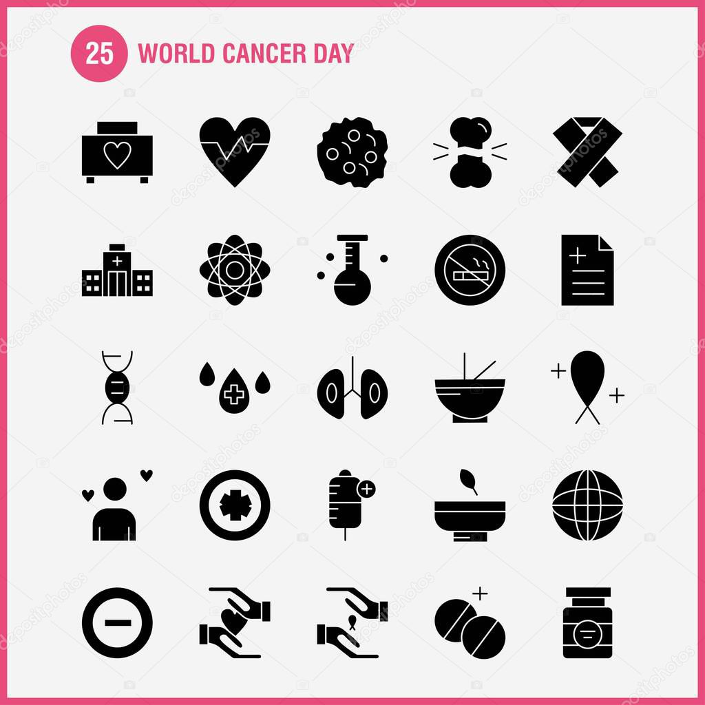 World Cancer Day Solid Glyph Icons Set For Infographics, Mobile UX/UI Kit And Print Design. Include: Hands, Ribbon, Love, Romantic, Report, Love, Romantic, Valentine, Icon Set - Vector