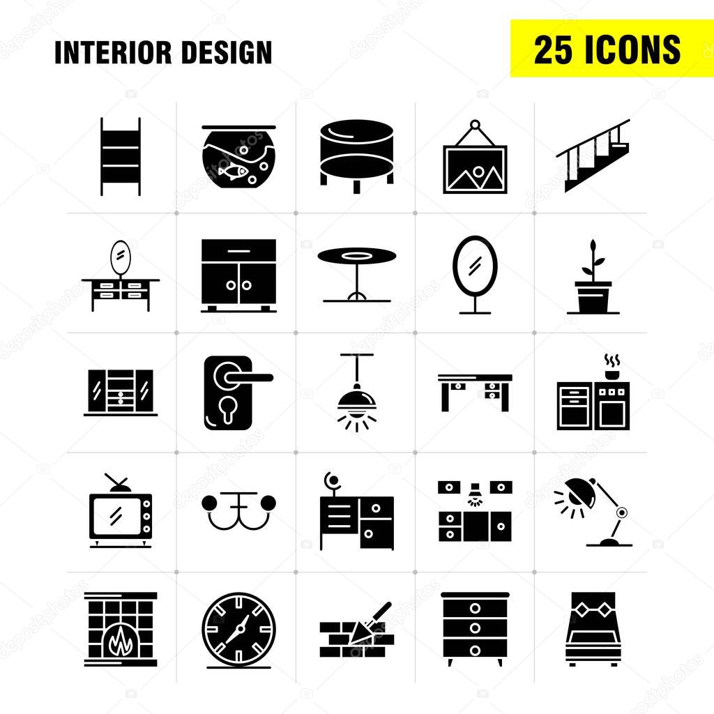 Interior Design Solid Glyph Icons Set For Infographics, Mobile UX/UI Kit And Print Design. Include: Bedroom, Cupboard, Furniture, House, Wardrobe, Television, Tv, House, Icon Set - Vector