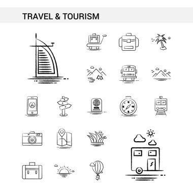 Seyahat ve Turizm el çekilmiş Icon stil, beyaz arka plan üzerinde izole set. -Vektör