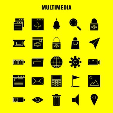 Web, baskı ve mobil Ux/UI için Multimedya katı glif simge seti. Gibi: tarayıcı, sayfa, Web, şablon, tarayıcı, sayfa, Web, şablon, piktogram paketi. -Vektör