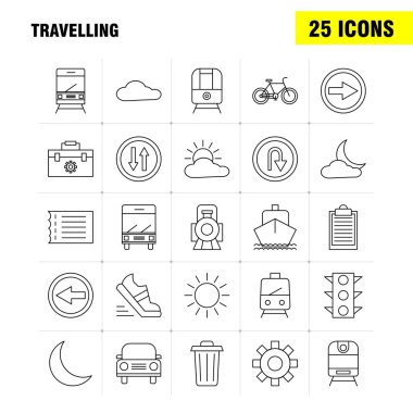 Web, baskı ve mobil Ux/UI için satırı simgesi seyahat seti. Gibi: araç kutusu, kutu, yapılandırma, ayar, ayarları, dişli, korumak, ayar, piktogram paketi. -Vektör