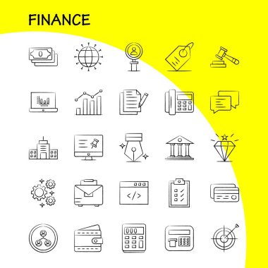 Finans elle çizilmiş simgeler kümesi Infographics, mobil Ux/UI için Kit ve baskı tasarımı. Şunları içerir: Bilgisayar, Pin, metin, finans, arama, araştırma, finans, adam, Icon Set - vektör