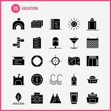 Tatil katı glif Icons Set için Infographics, mobil Ux/UI Kit ve baskı tasarımı. Şunları içerir: Piknik, yaz, tatil, Bina, tatil, şehir, bayrak, yönetim kurulu, Icon Set - vektör