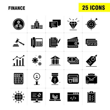 Finans sağlam glif Icons Set Infographics, mobil Ux/UI için Kit ve baskı tasarımı. Şunları içerir: Bilgisayar, Pin, metin, finans, arama, araştırma, finans, adam, Icon Set - vektör